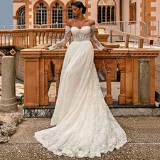 Elegant A-Line Wedding Dresses Off Shoulder Long Sleeves Sweep Train Bridal Gown