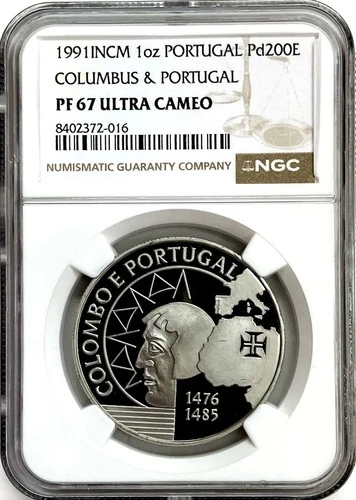 1991 PALLADIUM PORTUGAL 200 ESCUDOS 1oz CHRISTOPHER COLUMBUS COIN NGC PF 67 UC