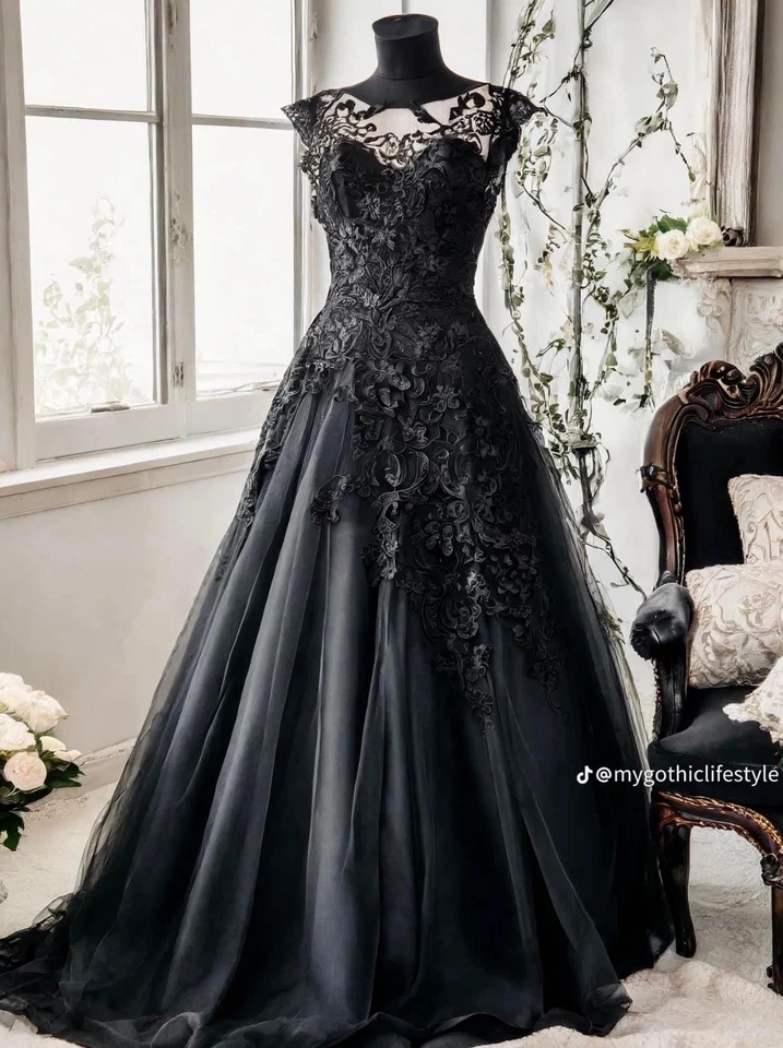 Gotische schwarze Brautkleider  ärmellos Vintage Kurzarmel Tulle Brautkleider - Bild 3 von 4