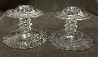 Antique Pair Heisey MARS Clear Floral Rock Crystal Cut Glass Candlesticks Deco