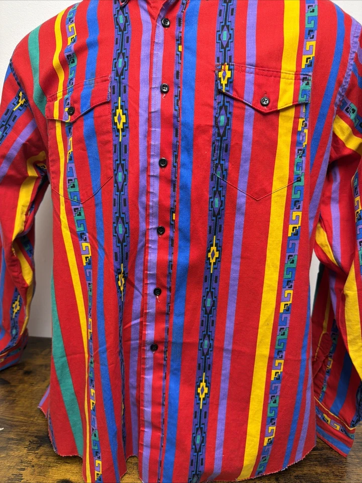 Vintage Wrangler Cowboy Cut Rare Aztec Design Western Shirt 18-36 X-Long Tails - Image 3 of 4