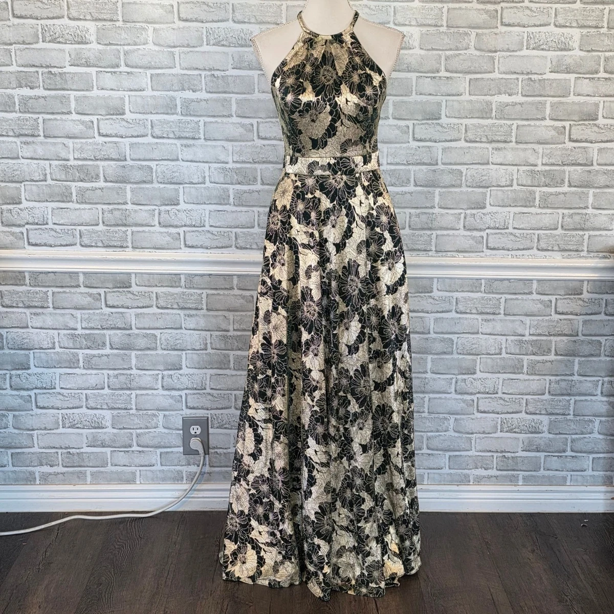 slim fit dress slacks Miss Circle Women's Lainey Gold Satin Sequin Pearls Beaded Maxi Dress