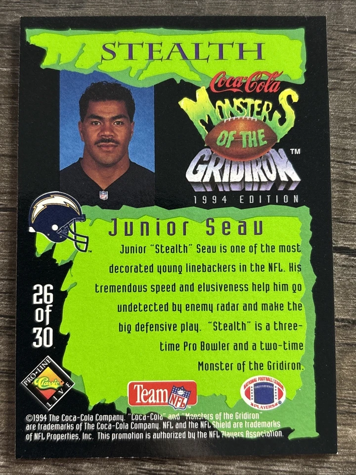 1994 Classic Pro Line Live Coca-Cola Monsters of the Gridiron - Junior Seau #26 - Image 2 of 2