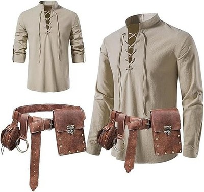 Men s 5-Piece Renaissance Pirate Costume Set | Shirt, Belt Pouch, Coin Bag, Skir