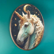 UNICORN WOODEN DECOR, Fantasy Horse Wood Plaque, Animal Fairytale Moon Wall Art