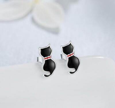 Adorable Silver SP Black Cat Kitten W. Red Bow Stud Earri