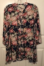 UMGEE Dress Floral Flowy Boho Tunic Bell Sleeves Keyhole SIZE S Small Navy Blue
