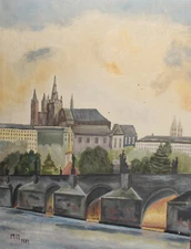 Vintage impressionist oil painting cityscape signed