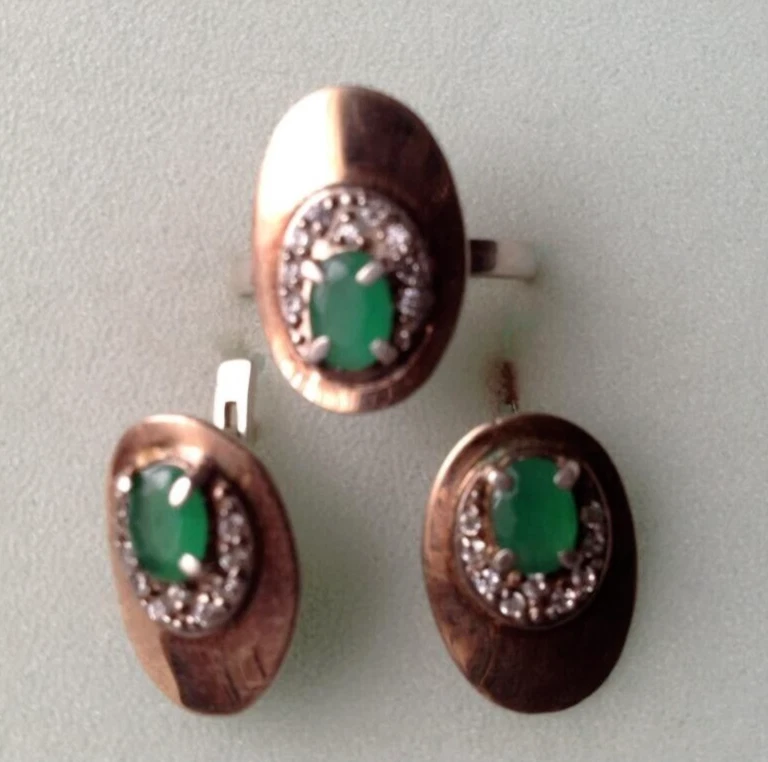 Conjunto Joyería Mujer Pendientes y Anillo Plata 925 Oro 375 Piedra Esmeralda 10.6 gr Foto 2 de 4