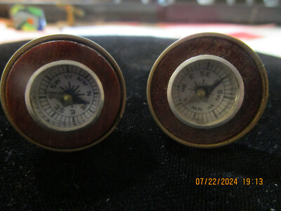 MENS CUFF LINKS Unique Design Compass Surrounded By Wood Vintage Jewelry 7/8''