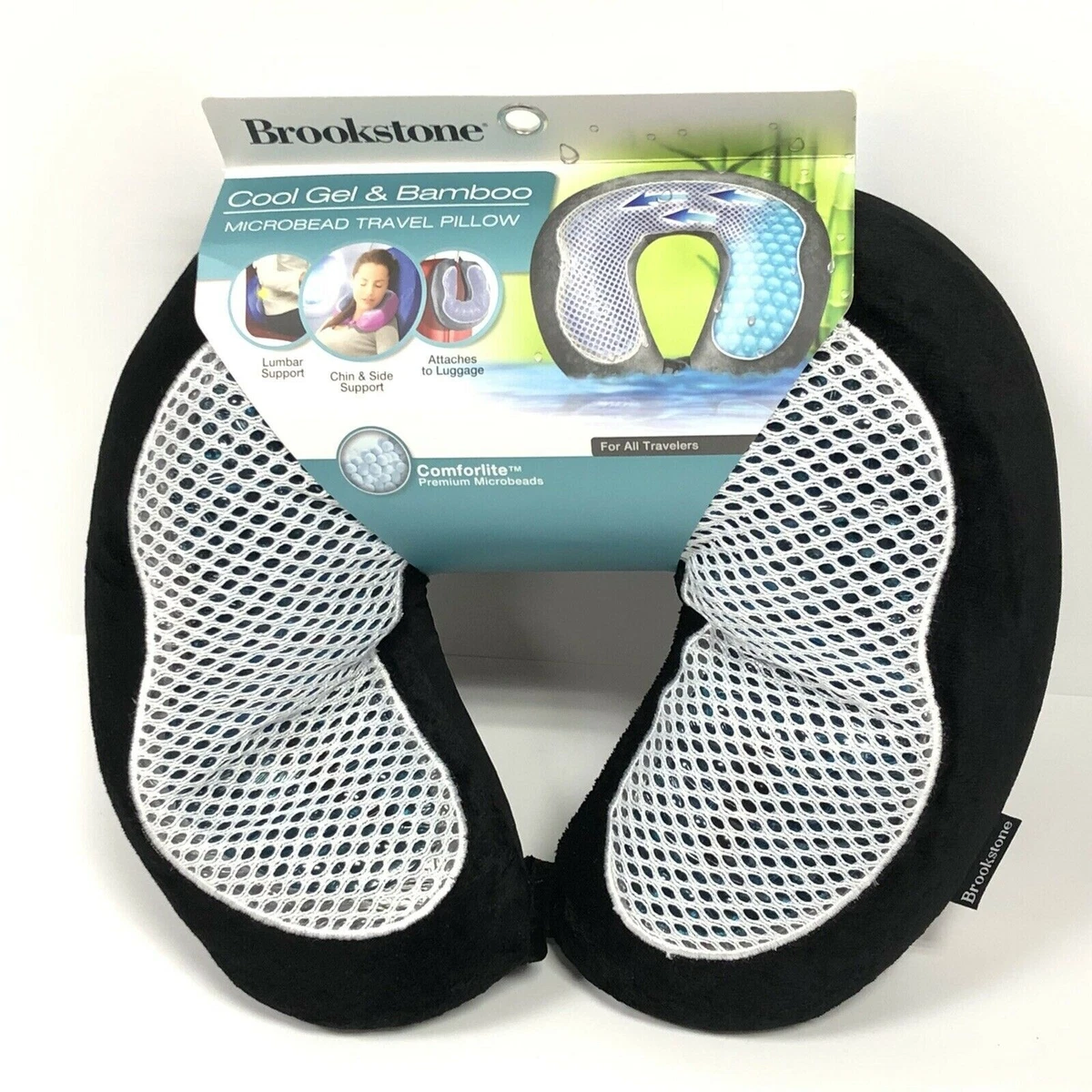 New Brookstone Soft Microbead Travel Pillow Neck/Lumbar Choose  Gray/Blue/Black