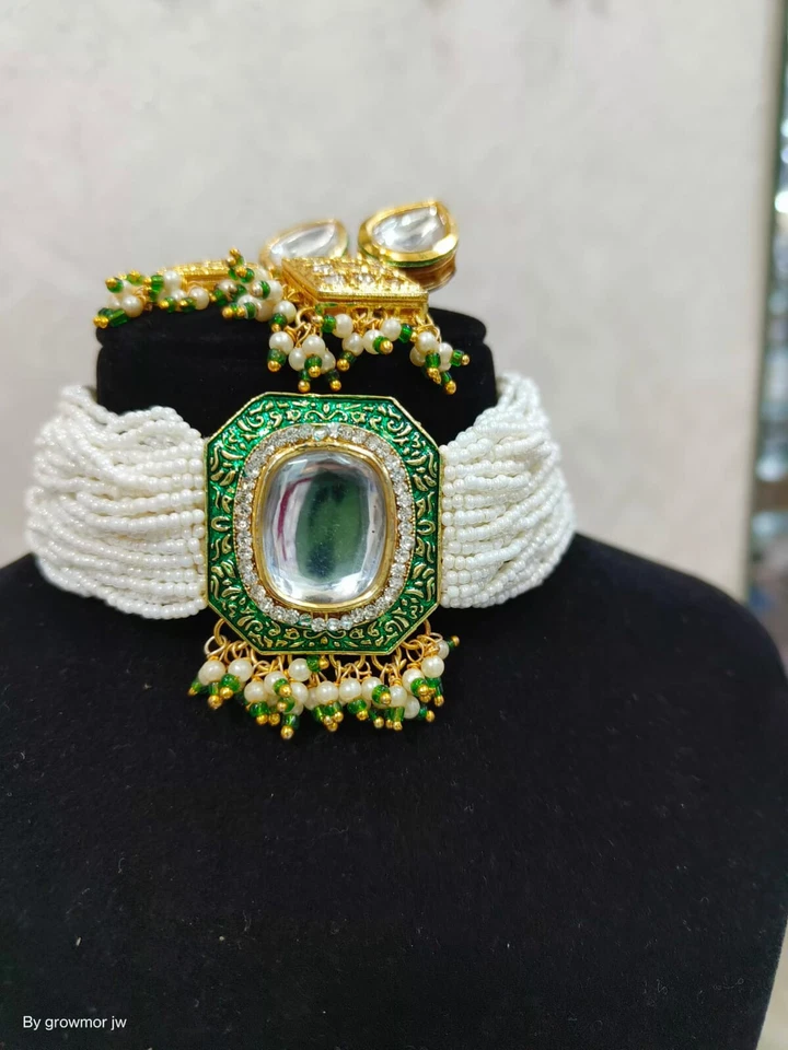 Pendientes gargantilla de perlas de oro esmeralda tallada collar indio joyería chapada en oro Foto 4 de 4