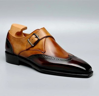 Handcrafted Leather Single Monk Strap Brouge Wingtip Ten and  display picture 3