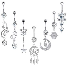 7Pcs 14G Stainless Steel CZ Dangle Belly Button Rings Navel Rings Body Piercing