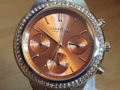 Damenuhr Gold Bulova Caravelle Melissa orangefarbenes Zifferblatt Chrono 44L218 neu in Box
