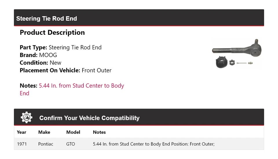Para Pontiac GTO 1971 extremo de barra de dirección delantero exterior MOOG Foto 2 de 4