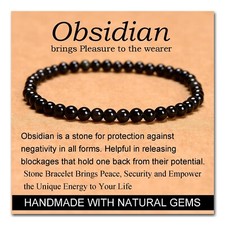 Black Obsidian 4mm Stone Crystal Beaded Healing Protection Women Bracelet Gifts