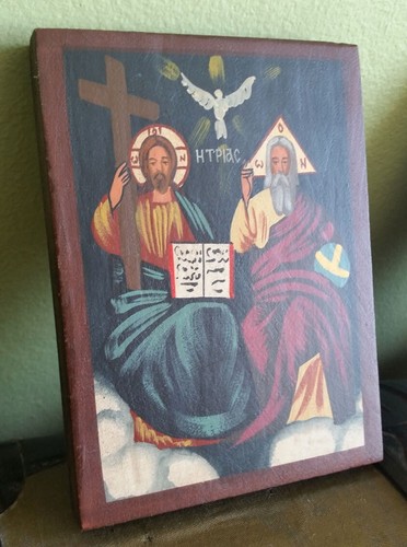 Handbemalte Ikone auf Holz Die Heilige Dreifaltigkeit Vater, Sohn, Heiliger Geist, klein - Bild 2 von 6