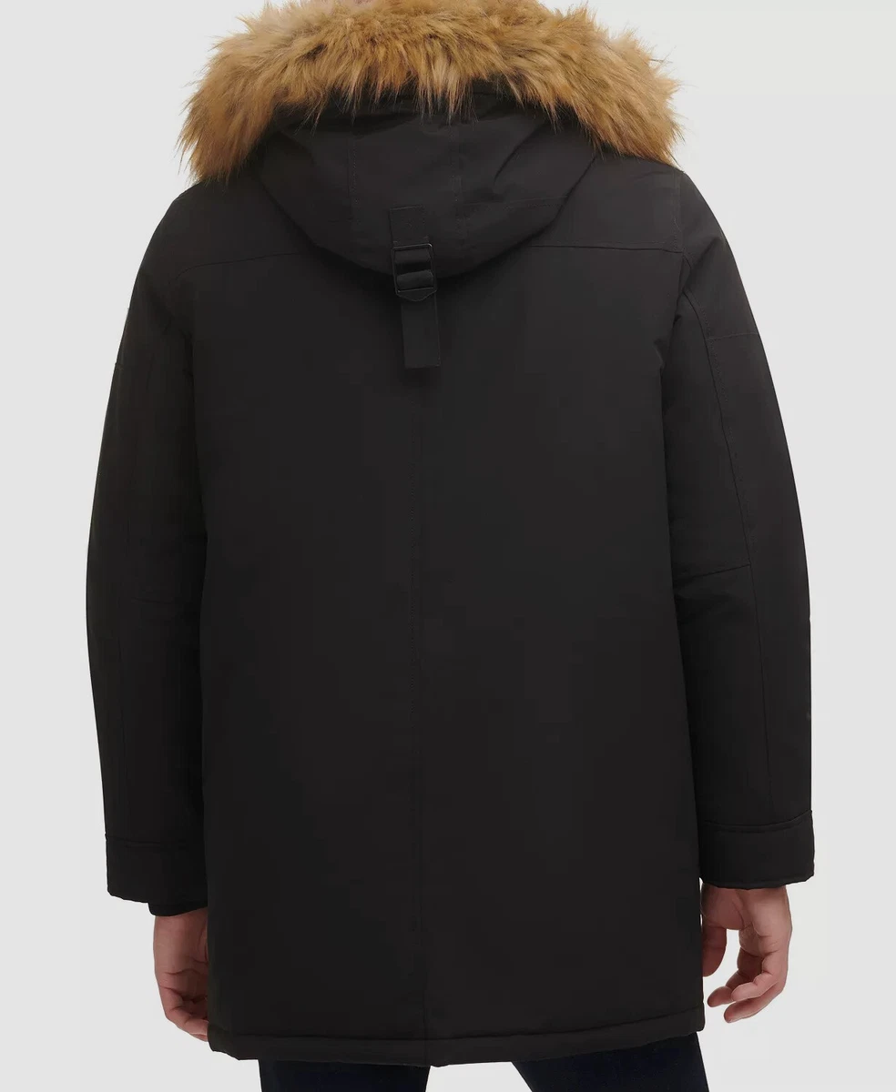 325 Guess Men s Black Front Zip Logo Faux Fur Hooded Parka Jacket