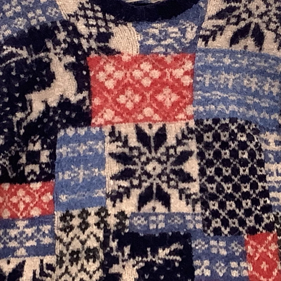 Fair Isle Reindeer Sweater Mens Large Blue Red Patchwork Crewneck Nordic - Image 4 of 4