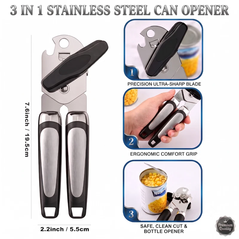 3 in 1 Stainless Steel Can Opener Professional Side Cut Tin Bottle Opener Tool