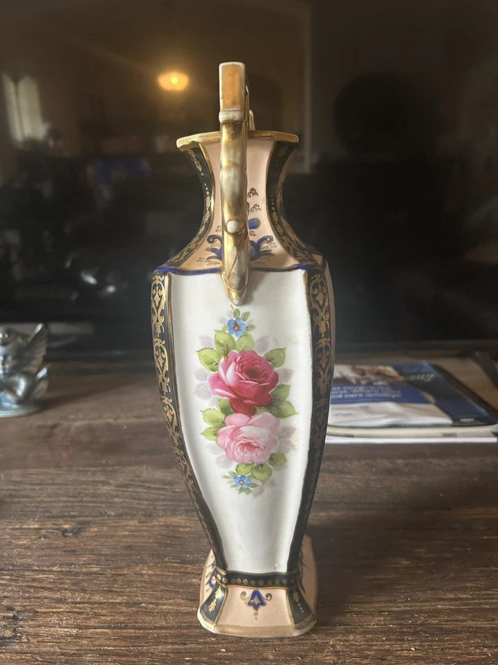 Jarrón floral antiguo Noritake pintado a mano, rollo dorado y negro, nipón c.20thC Foto 2 de 4
