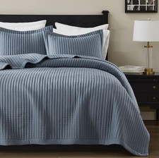 Dusty Blue Twin Size Quilt Set, Striped Pick Stitch Lightweight Bedspread, So...
