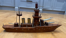 Vintage 30s Heavy Wooden Model of WWI Warship Folk Art Style  60cm x 29cm