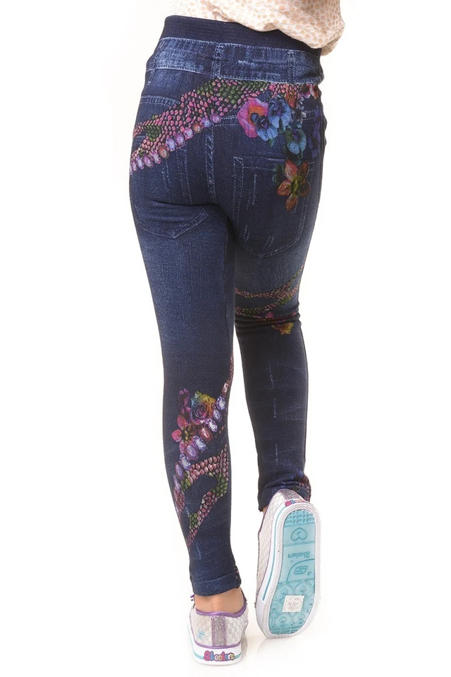 Girls Fleece Lined Leggings Kids Denim Print Stretch Pull-On Jeggings - Image 4 of 4