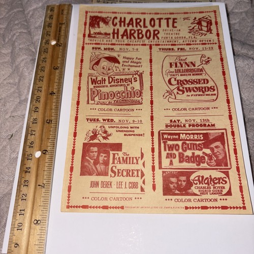 VTG Charlotte Harbor Punta Gorda FL Drive-In Theatre Program Pinocchio Disney - Picture 2 of 3