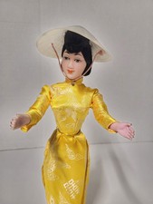 Vintage Articulated Vietnamese Doll With Handmade Dress  Rice Hat On Stand