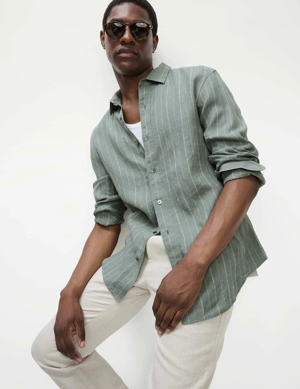 Marks & Spencer Mens Linen Regular Long sleeved Striped Shirt in Sage - M&S
Opens in a new window or