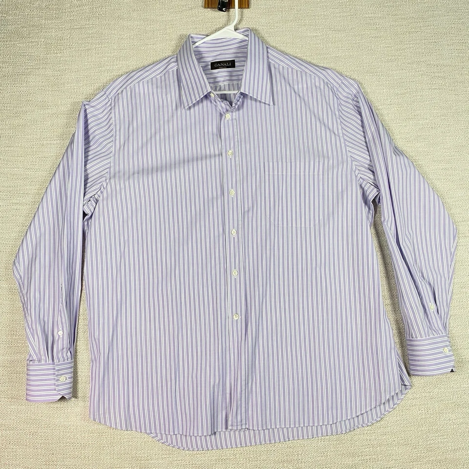 Рубашка Canali Dress 18 46 мужская лавандовая белая полоса Periwinkle хорошее состояние б/у - Изображение 3 из 4