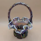 VTG 90's Fenton Plum Opalescent Button & Arch 7" Basket w/ Label Handblown Glass