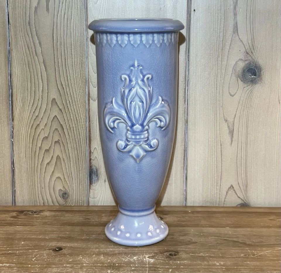 Square Nest Fleur De Lis 13” Vase Renee DuBois Periwinkle Purple - Image 2 of 4