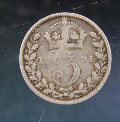 Great Britain,3 Three Pence 1891 silver coin, 0.925,Victoria.
