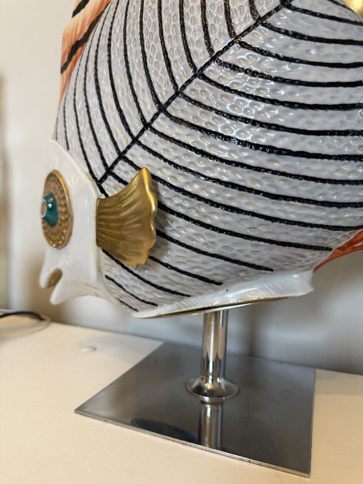 1980s Oggetti Mangani Nautical Fish Porcelain Sculpture Large 17" on Stand