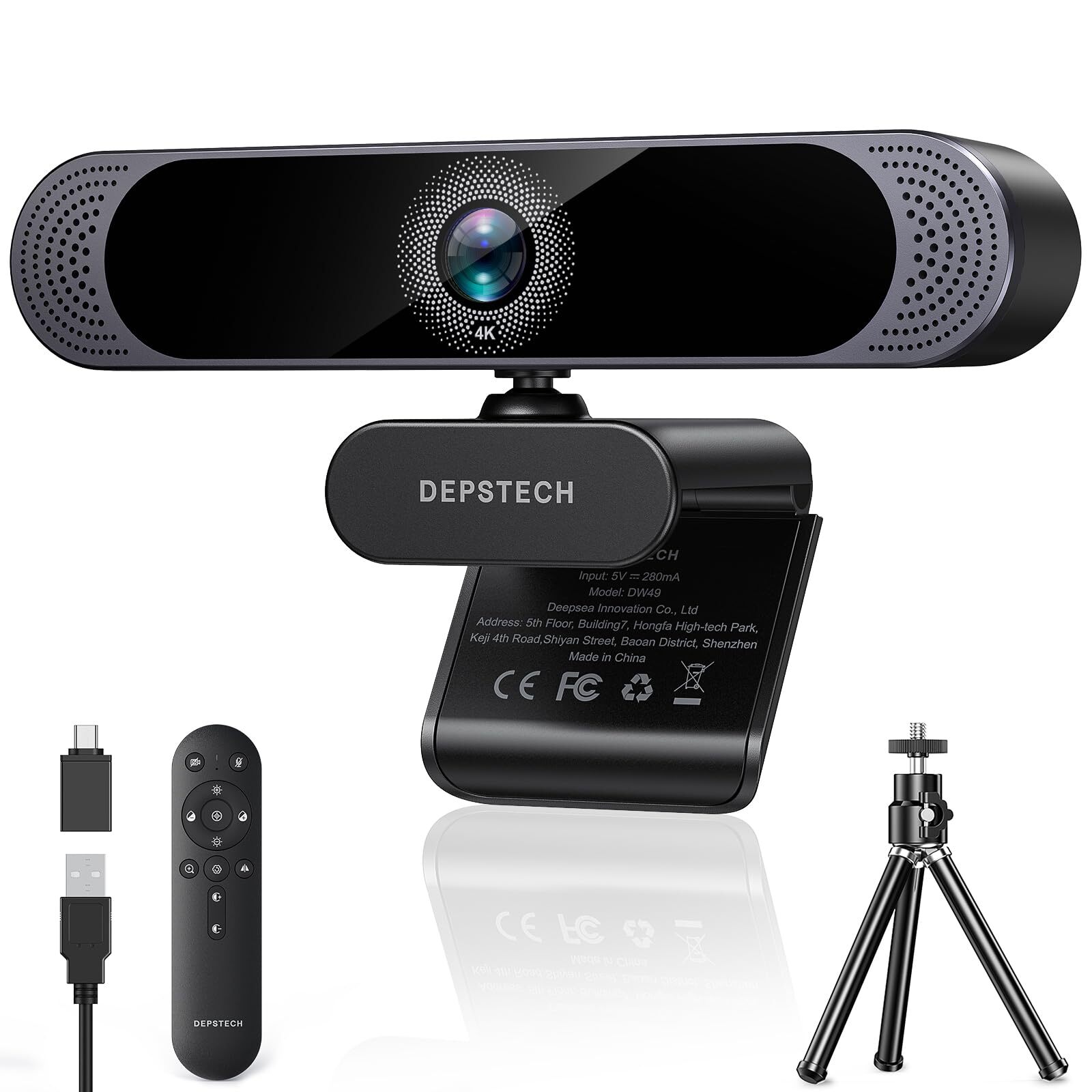 4K Webcam, Ultra HD 1/2.55'' Sony Sensor, 3X Digital Zoom, Dual Noise-Canceli...