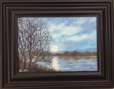 EVENING MOONRISE MINI- original framed 5X7 oil moonrise painting by K. McDermott