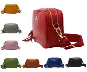 Ladies Double Zipper Real Leather Crossbody Camera Bag Bee Tassel Handbag 6387