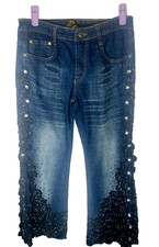 NWOT Amanda Adams Jeans Couture Women's Hand Beaded Denim Cropped Sz 4 Waist 26"