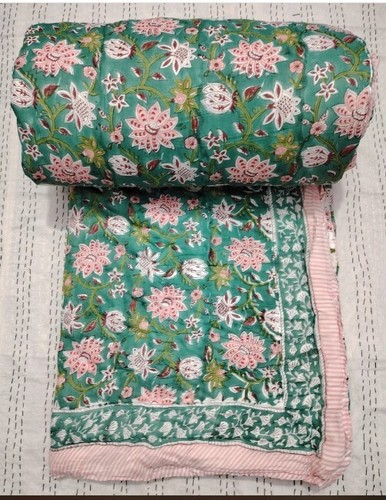 Green Handblock Razai Pure Cotton Filled Kantha Handmade King Size Warm Quilts - Picture 4 of 5