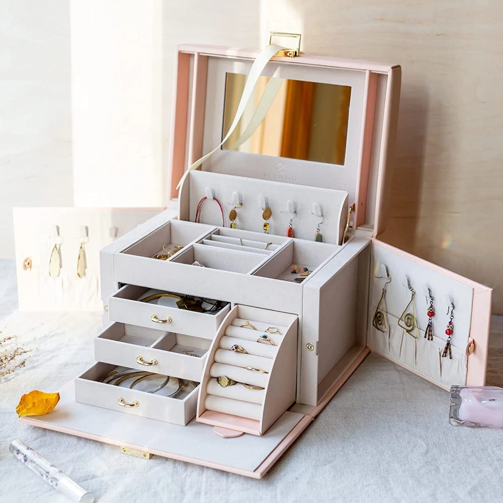 Vlando Jewelry Box Organizer for Girls Women Large Baroque Regular Pink