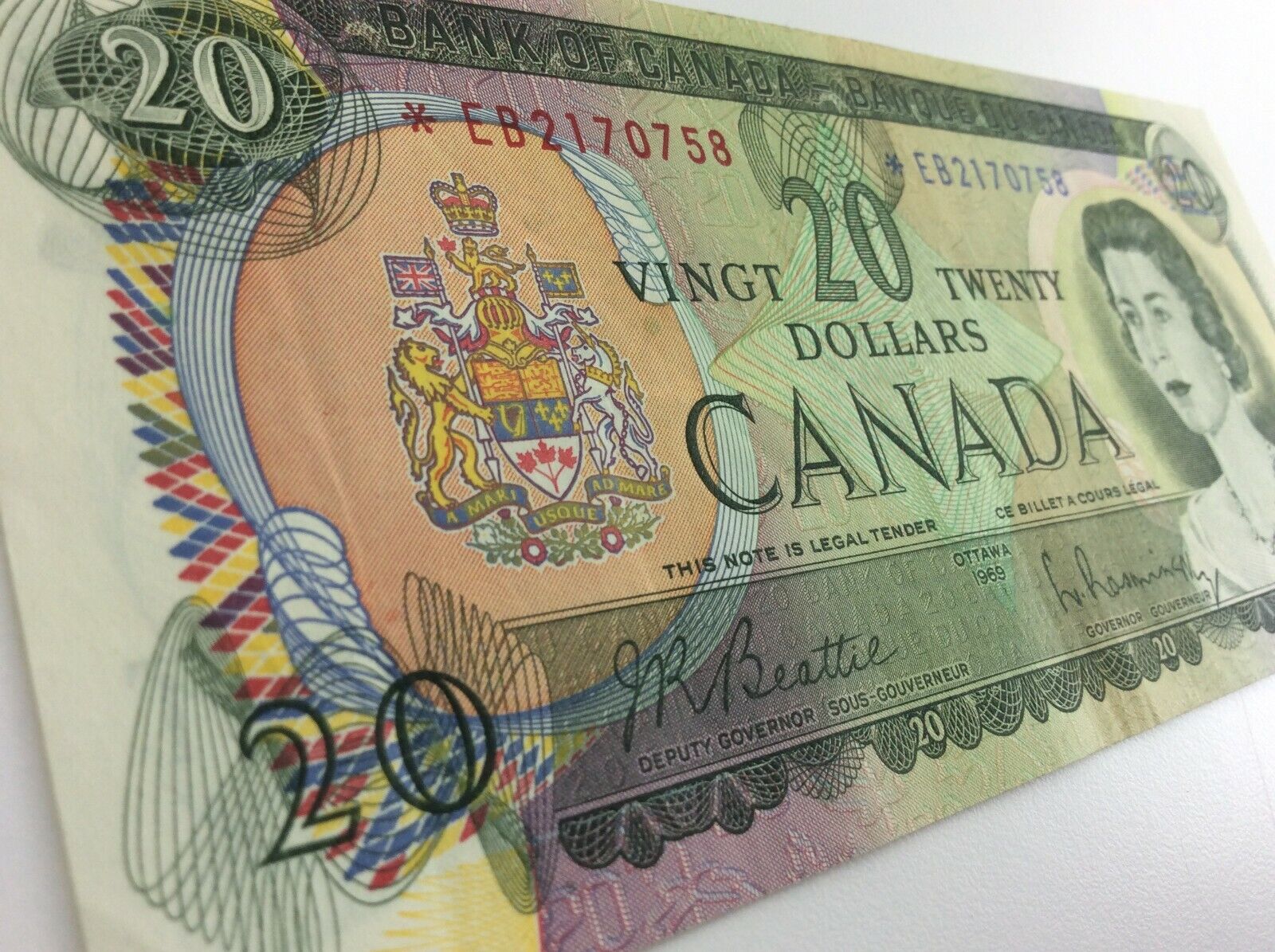 1969 Replacement Banknote Canada 20 Dollar Circulated EB Beattie Rasminsky V224