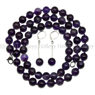 10mm Natural Purple Amethyst Round Gemstone Necklace Bracelet Earrings Set 18''