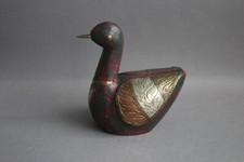 Holz Ente Vogel Figur vintage Handgeschnitzt mit verschiedenen Metalleinlagen