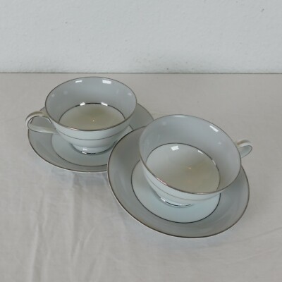 Set of 2 Noritake Grayburn Footed Cup 2.25'' t & Saucer 5 5/8'' d Platinum Trim