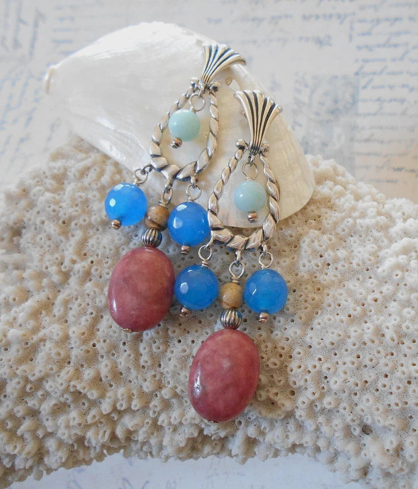 Brincos lustre de ágata rodonita pollack esterlina Carolyn E39-42 - Imagem 4 de 4