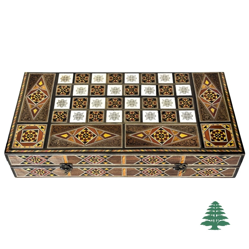 Backgammon Board and Chess Set From Lebanon Engraved with Mother of Pearl Inlays - Image 2 of 4