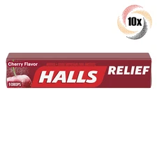 10x Packs HALLS Relief Cherry Sore Throat Oral Cough Drops | 9 Drops Per Pack